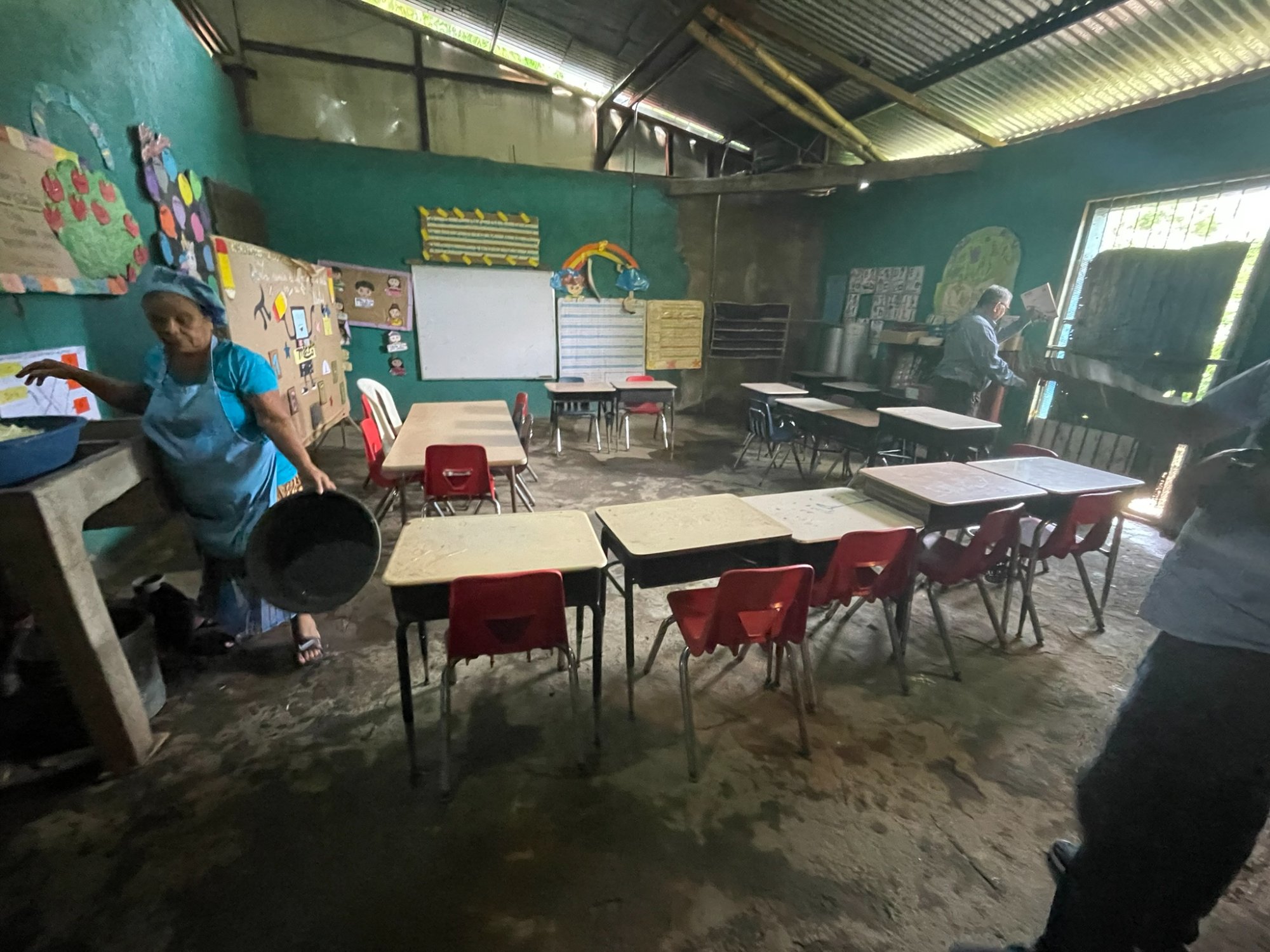 Rural Nicaragua classroom with tin roof and dirt floors